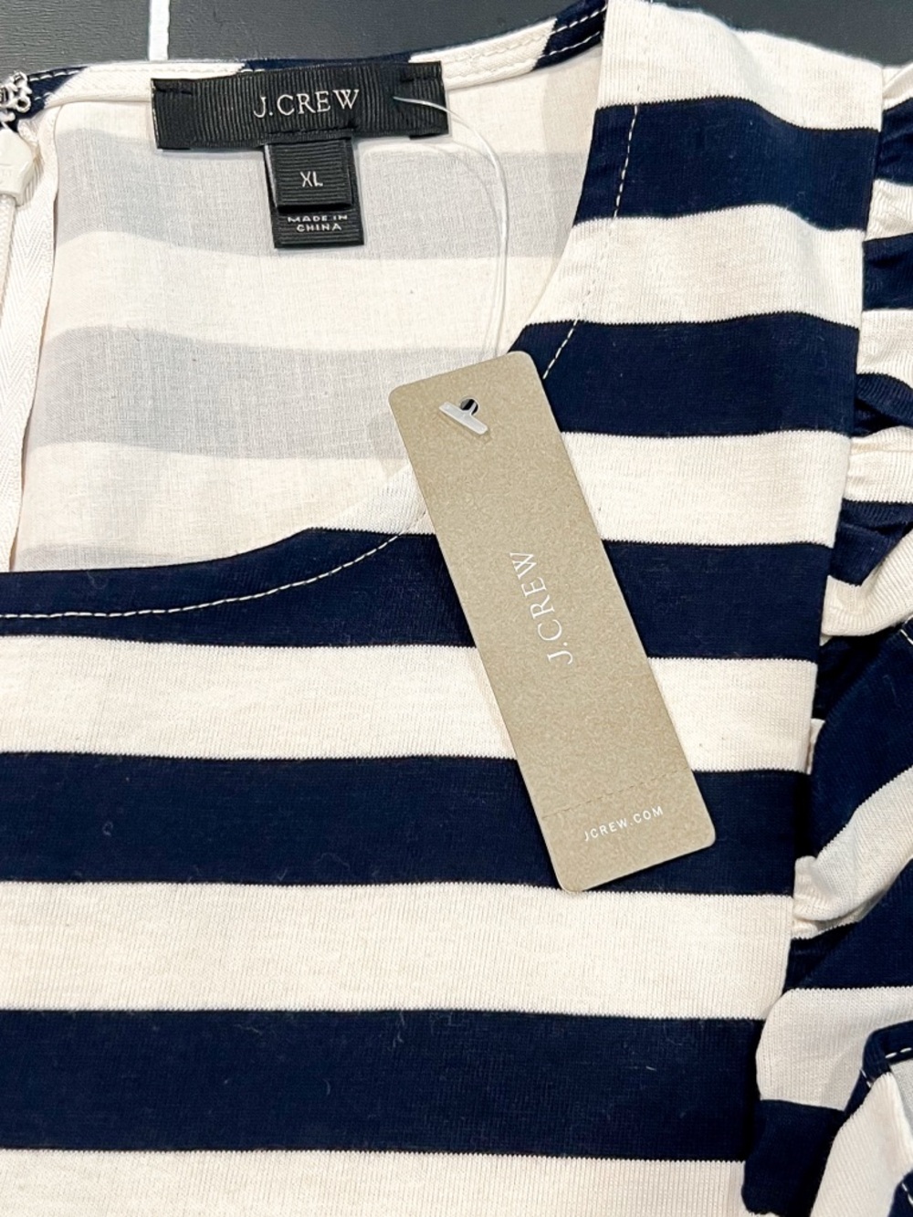 NWT J. Crew Navy Blue and White Striped Long Sleeve Ruffle Hem Shirt Womens XL - Picture 8 of 13